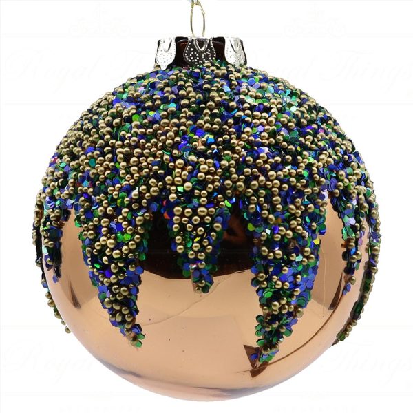 C 14650 Goodwill Chirstmas Ball Glass Peacock Glitter Beaded Top Ball Blue Green Gold Copper Round