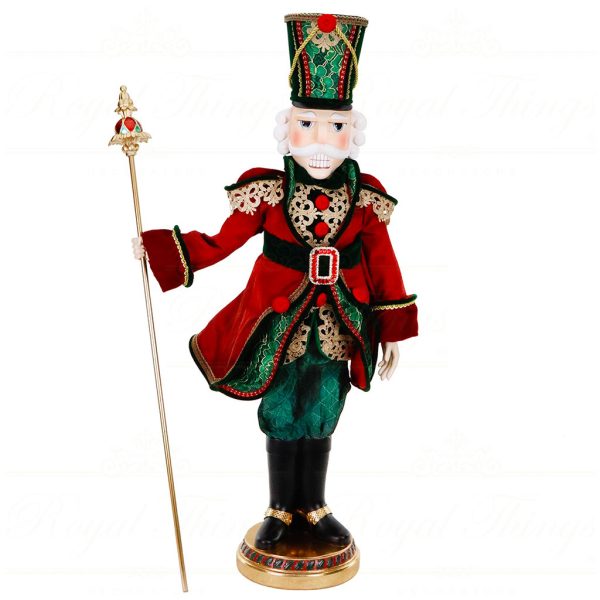 D 42350 Goodwill Christmas Decorative Items Fabric Nutcracker With Staff On Base Tabletop Burgundy Green Gold