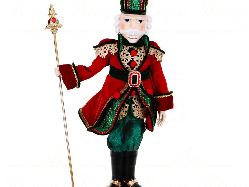 D 42350 Goodwill Christmas Decorative Items Fabric Nutcracker With Staff On Base Tabletop Burgundy Green Gold