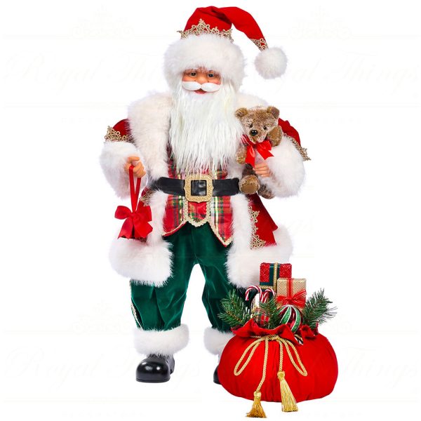D 42392 Goodwill Christmas Dolls Fabric Tartan Santa With Gift Bag Doll Tabletop Red White