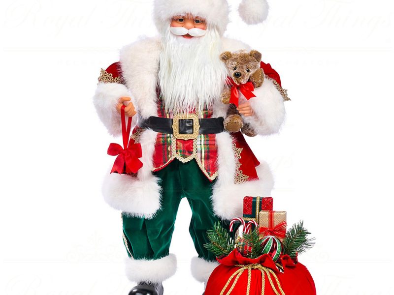 D 42392 Goodwill Christmas Dolls Fabric Tartan Santa With Gift Bag Doll Tabletop Red White