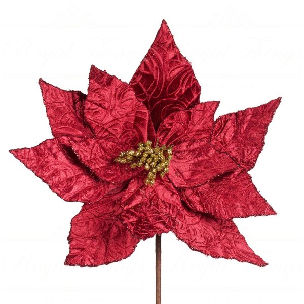 Ff 99437 Goodwill Christmas Decorative Items Fabric Emboss.poinsettia Stem Burgundy Gold