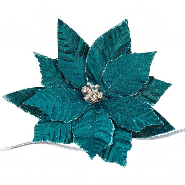 Ff 99501 Goodwill Christmas Decorative Items Fabric Poinsettia Flower On Clip Green Blue
