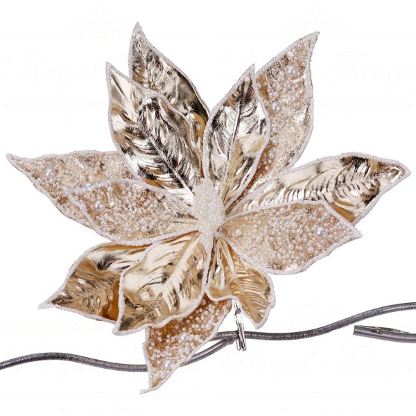 Ff 99504 Goodwill Christmas Decorative Items Metallic Pearl Poinsettia On Clip Gold Champagne Cream