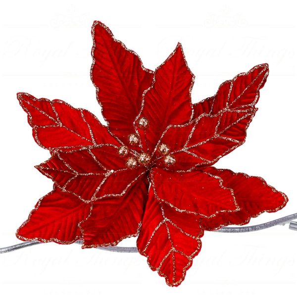 Ff 99507 Goodwill Christmas Decorative Items Fabric Poinsettia Flower On Clip Red Gold