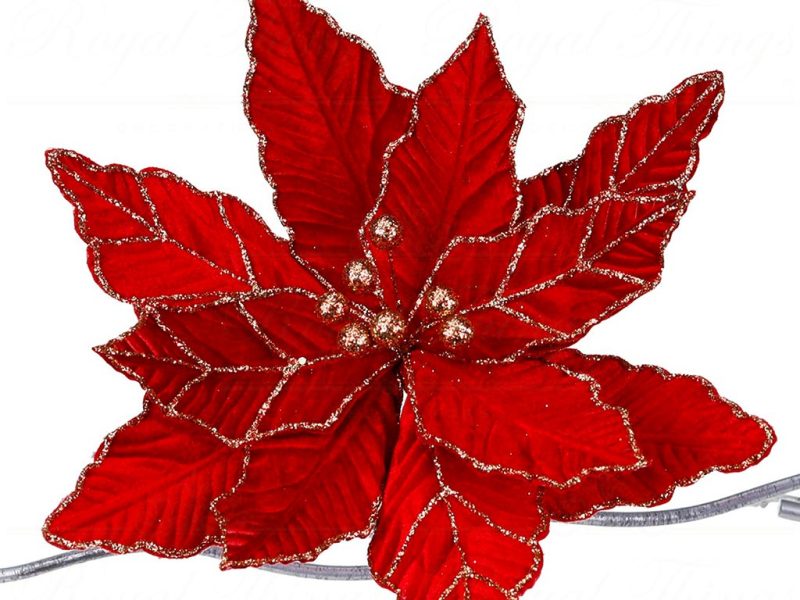Ff 99507 Goodwill Christmas Decorative Items Fabric Poinsettia Flower On Clip Red Gold