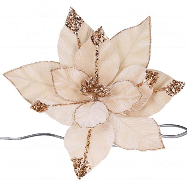 Ff 99511 Goodwill Christmas Decorative Items Fabric Poinsettia Flower On Clip Cream Champagne
