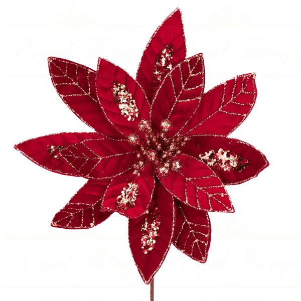 Ff 99517 Goodwill Christmas Decorative Items Fabric Poinsettia Flower Stem Red Champagne