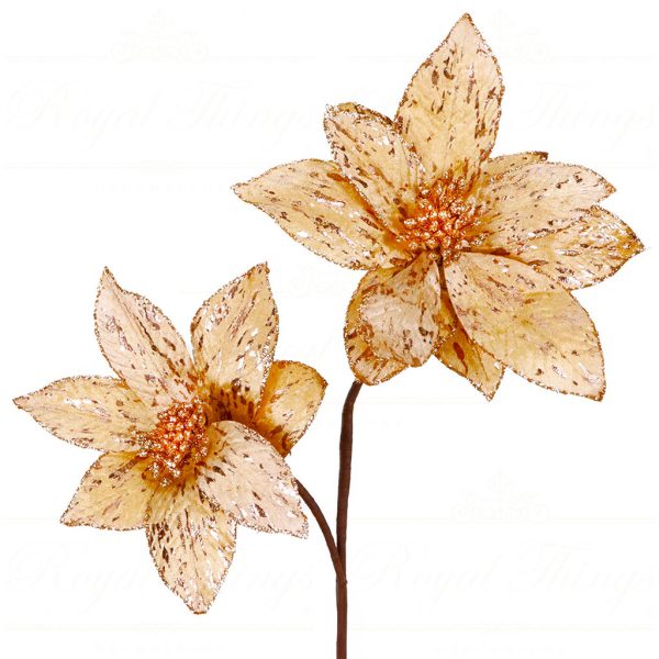 Ff 99625 Goodwill Christmas Branches Fabric 2 Poinsettia Stem Gold Cream