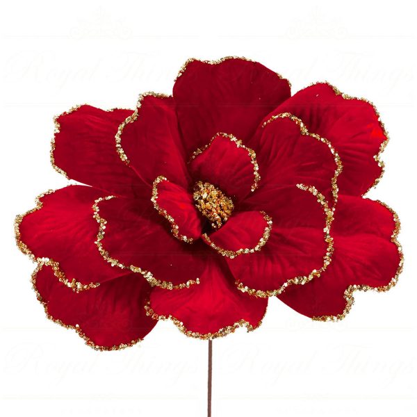 Ff 99664 Goodwill Christmas Branches Fabric Giant Magnolia Stem Red Gold