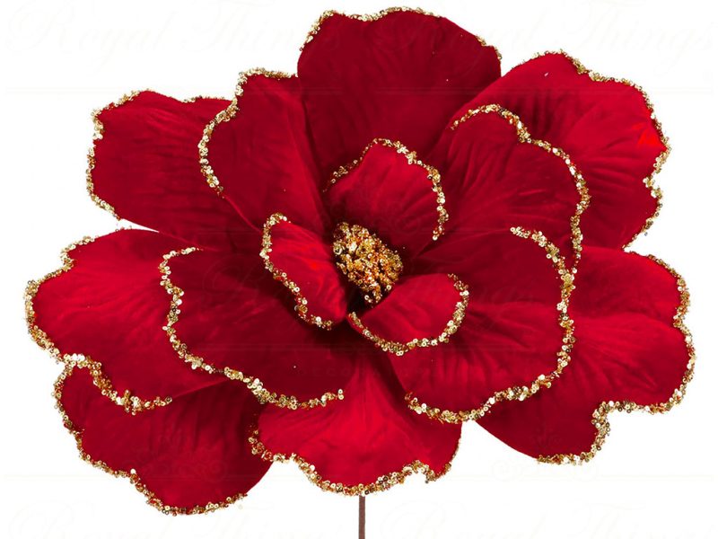 Ff 99664 Goodwill Christmas Branches Fabric Giant Magnolia Stem Red Gold