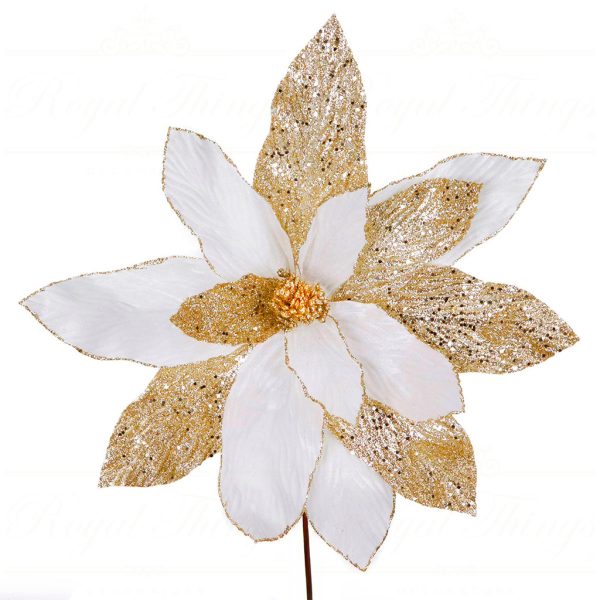 Ff 99680 Goodwill Christmas Branches Fabric Giant Poinsettia Stem Cream Gold
