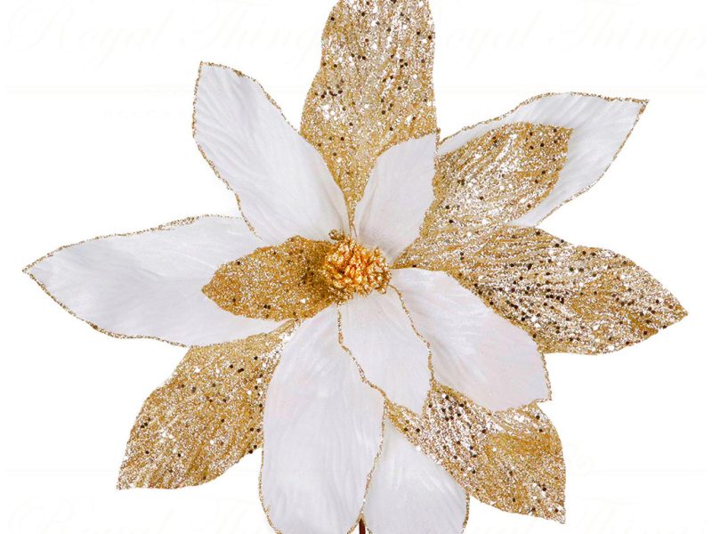 Ff 99680 Goodwill Christmas Branches Fabric Giant Poinsettia Stem Cream Gold
