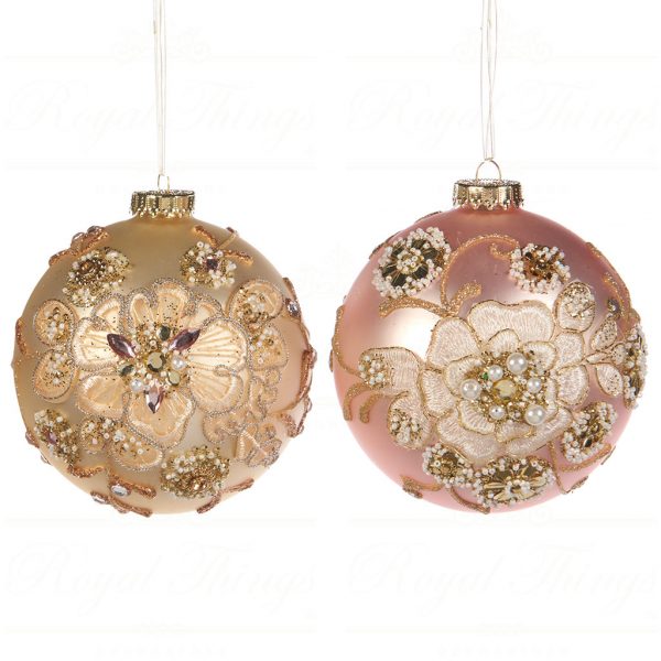 Goodwill Christmas Ball Glass Embroidered Flower Ball Cream Pink Ya 92417