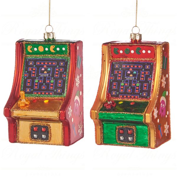Goodwill Christmas Glass Ornament Pacman Arcade Game Red Green Gold Ya 92444