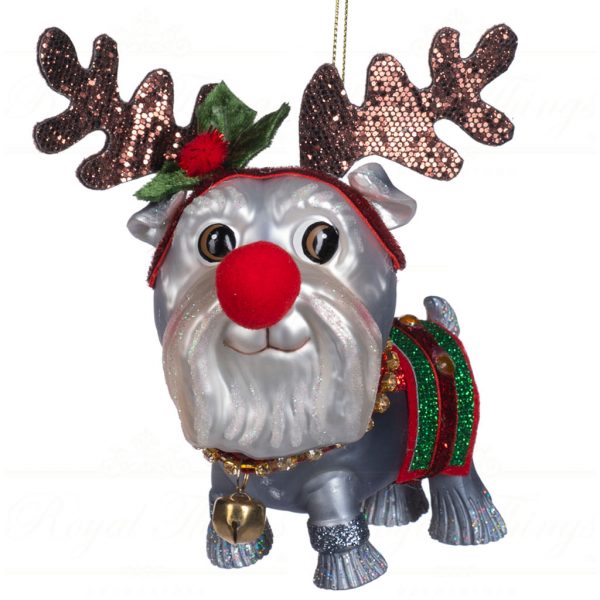 Goodwill Christmas Glass Ornament Dog With Xmas Headband Grey Green Red Tr 22459