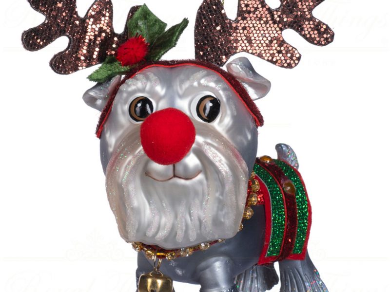 Goodwill Christmas Glass Ornament Dog With Xmas Headband Grey Green Red Tr 22459