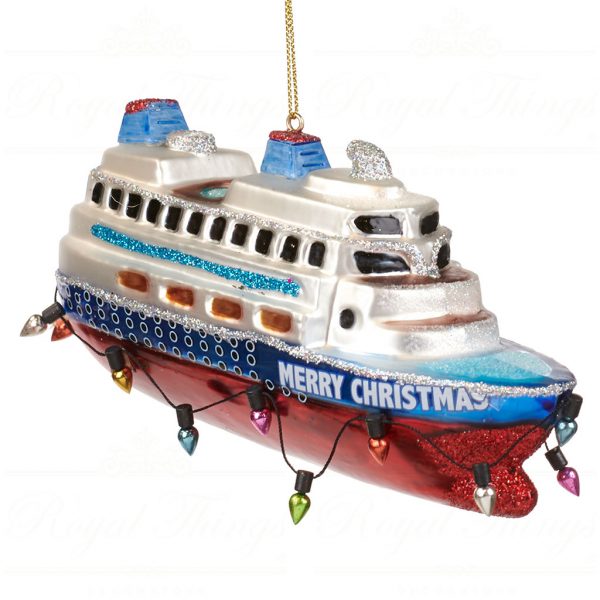 Goodwill Christmas Glass Ornament Merry Christmas Cruise Ship Red Blue White Tr 22569