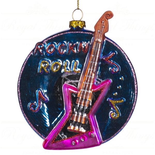 Goodwill Christmas Glass Ornament Record With Rock Guitar Blue Pink Tr 22344