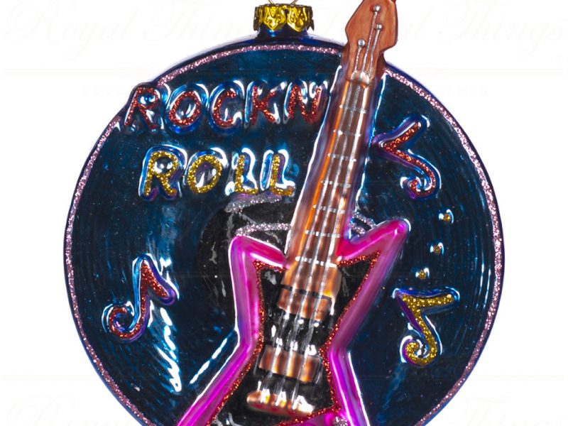 Goodwill Christmas Glass Ornament Record With Rock Guitar Blue Pink Tr 22344