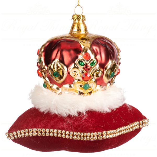 Goodwill Christmas Glass Ornament Red Gold Crown On Velvet Pillow Tr23157