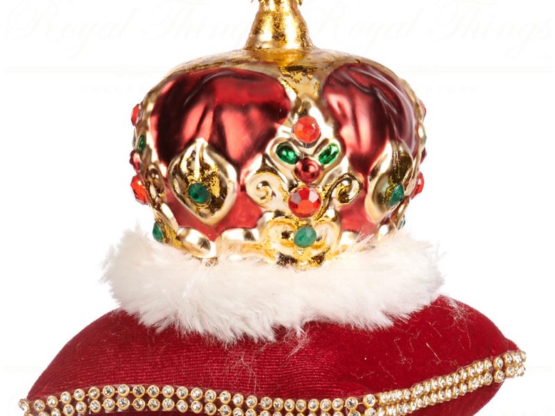 Goodwill Christmas Glass Ornament Red Gold Crown On Velvet Pillow Tr23157
