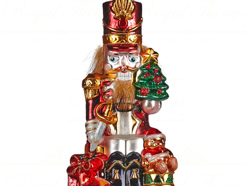 Goodwill Christmas Glass Ornament Red Gold White Furry Nutcracker Tr25162