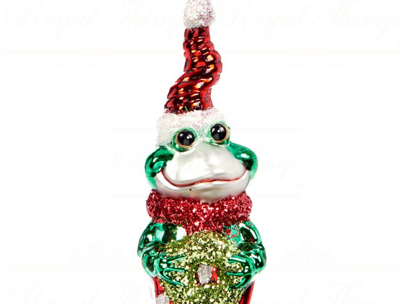 Goodwill-Christmas-glass-ornament-red-white-green-frog-on-gift-P38233
