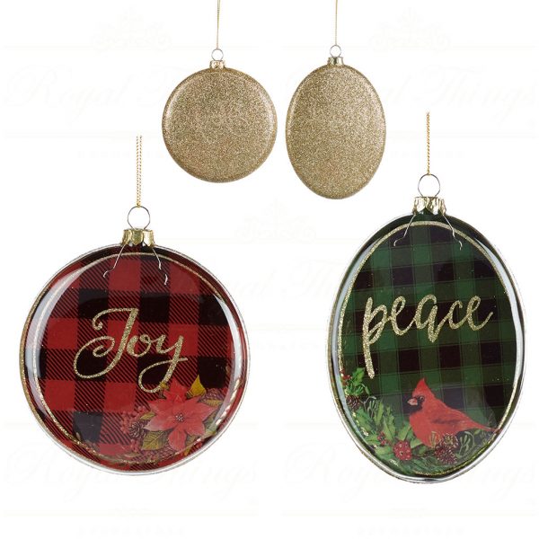 Goodwill Christmas Glass Ornament Tartan Joy Peace Disc Red Green Gold Tr 22558