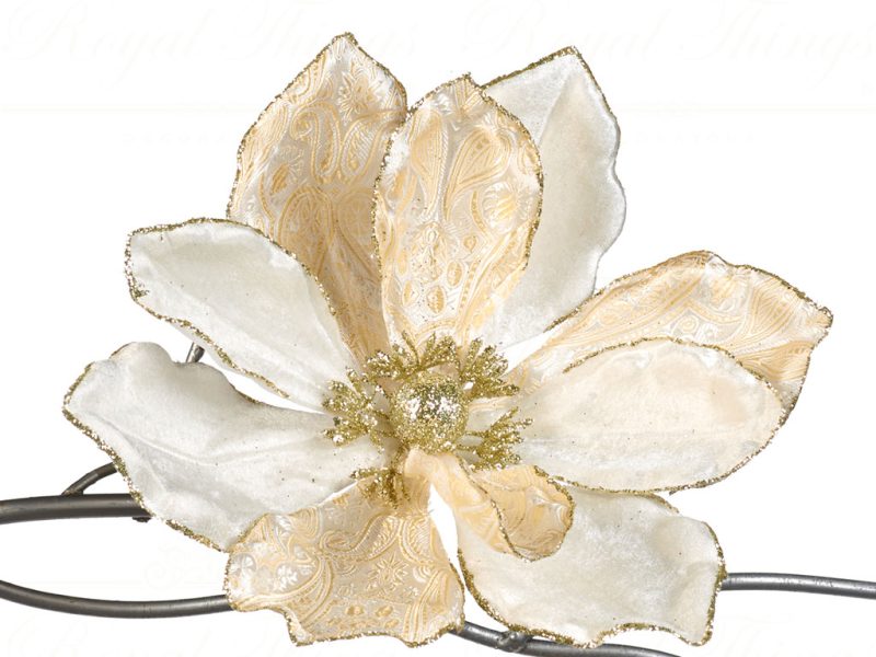 Goodwill Christmas Flowers Brocade Glitter Magnolia On Clip Creme Gold Ff 99306