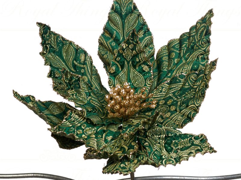 Goodwill Christmas Flowers Brocade Glitter Poinsettia On Clip Green Gold Ff 99310