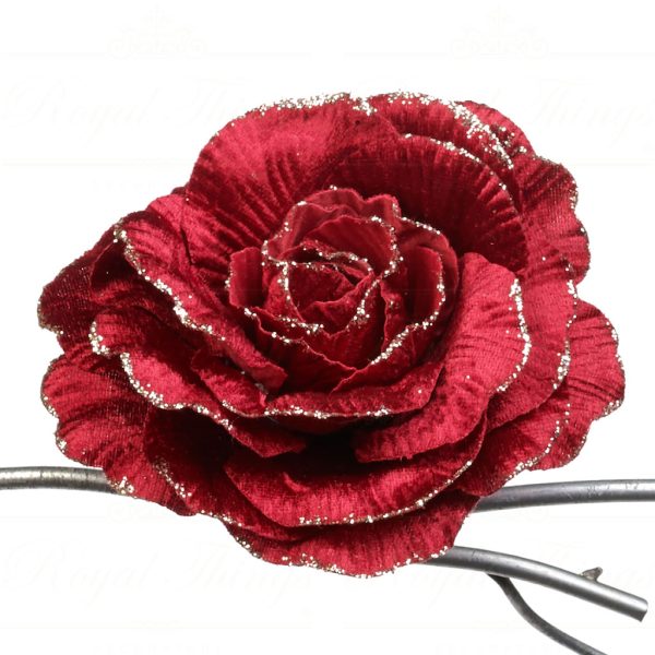 Goodwill Christmas Flowers Fabric Glitter Rose On Clip Red Gold Ff 99335