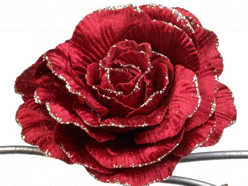 Goodwill Christmas Flowers Fabric Glitter Rose On Clip Red Gold Ff 99335