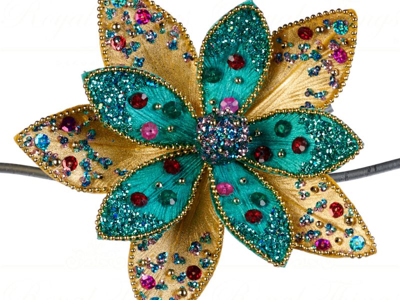 Goodwill Christmas Flowers Jewel Beaded Poinsettia Flower On Clip Green Gold Br 39330