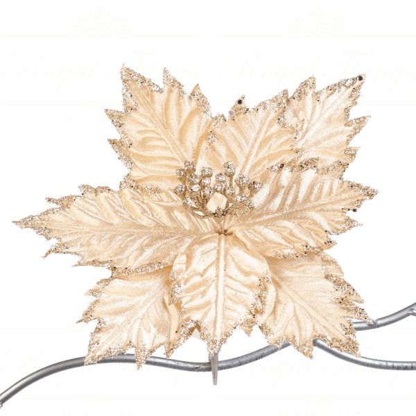 Goodwill Christmas Flowers Velvet Glitter Poinsettia On Clip Creme Gold Fl 18508