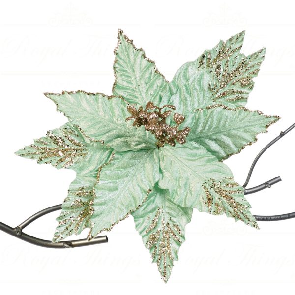 Goodwill Christmas Flowers Velvet Glitter Poinsettia On Clip Lightgreen Gold Fl 18506