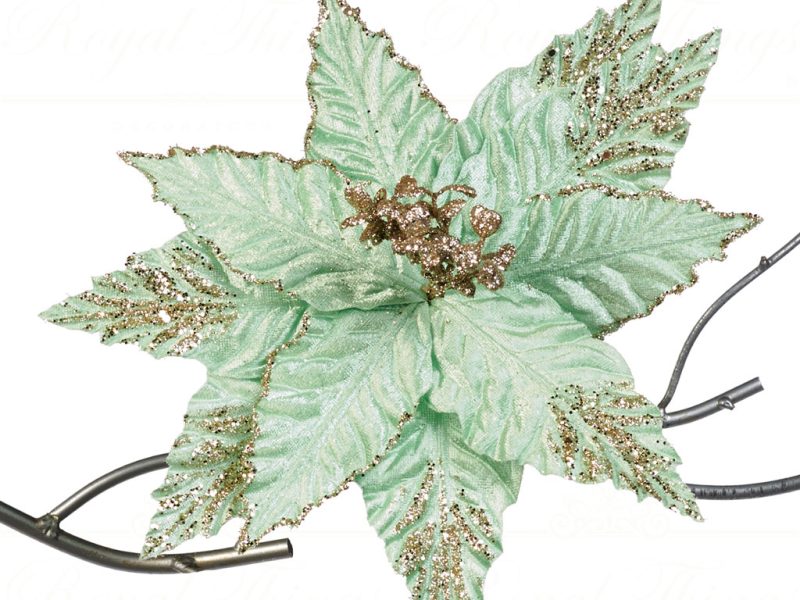 Goodwill Christmas Flowers Velvet Glitter Poinsettia On Clip Lightgreen Gold Fl 18506