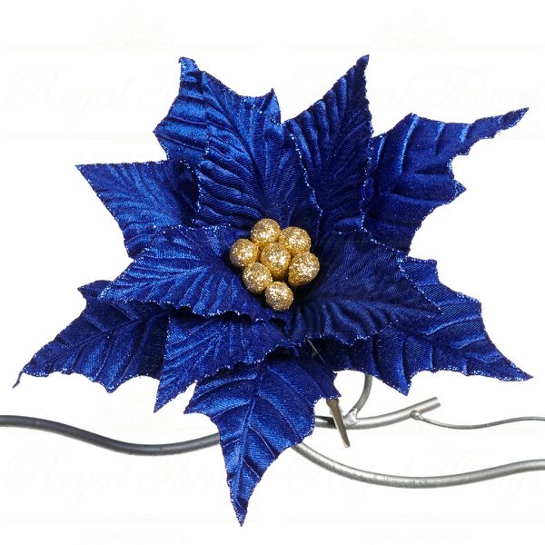 Goodwill Christmas Flowers Branches Glitter Blue Poinsettia On Clip Blue Gold Ff 99129