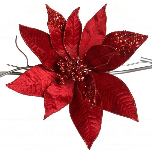 Goodwill Christmas Flowers Branches Glitter Poinsettia On Clip Burgundy Sp 20378