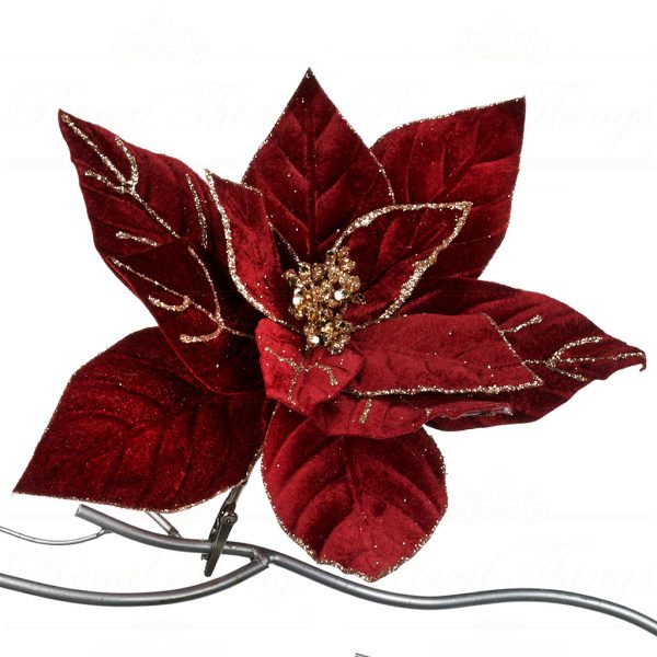Goodwill Christmas Flowers Branches Glitter Poinsettia On Clip Burgundy Gold Ff 99247