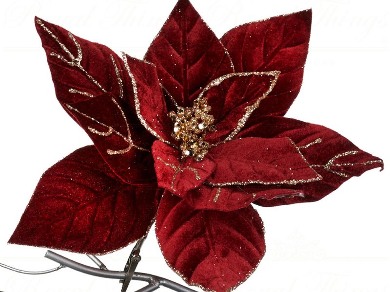 Goodwill Christmas Flowers Branches Glitter Poinsettia On Clip Burgundy Gold Ff 99247