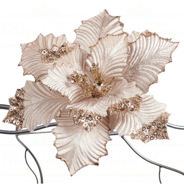 Goodwill Christmas Flowers Branches Glitter Poinsettia On Clip Cream Champagne Ff 99230