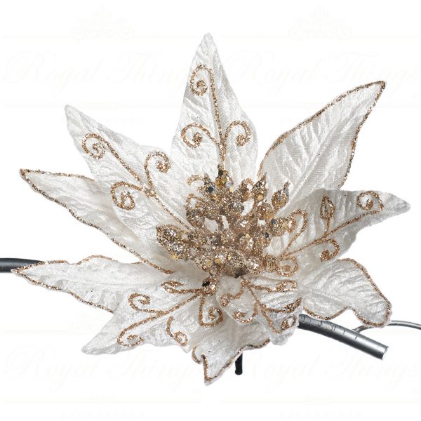 Goodwill Christmas Flowers Branches Glitter Swirl Poinsettia On Clip Cream Gold J 61577
