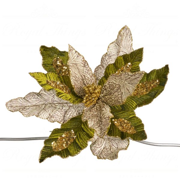 Goodwill Christmas Flowers Brocade Floral Poinsettia On Clip Green Ff 99413