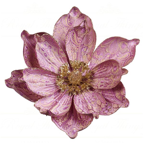Goodwill Christmas Flowers Brocade Glitter Magnolia On Clip Pink Gold Ff 99311