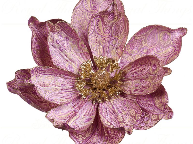 Goodwill Christmas Flowers Brocade Glitter Magnolia On Clip Pink Gold Ff 99311