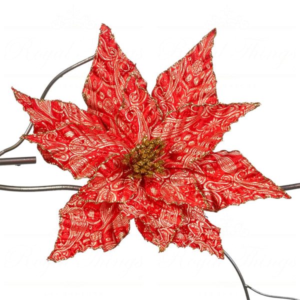 Goodwill Christmas Flowers Brocade Glitter Poinsettia On Clip Gold Red Ff 99312