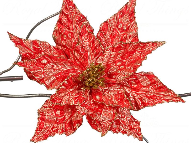 Goodwill Christmas Flowers Brocade Glitter Poinsettia On Clip Gold Red Ff 99312