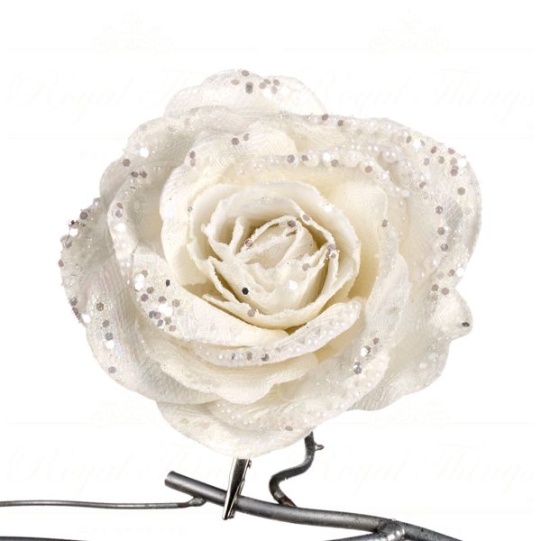 Goodwill Christmas Flowers Lace And Pearl Rose Flower On Clip White Ff 99406