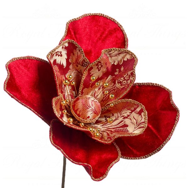 Goodwill Christmas Flowers Large Brocade North Pole Magnolia On Stem Red J 59010